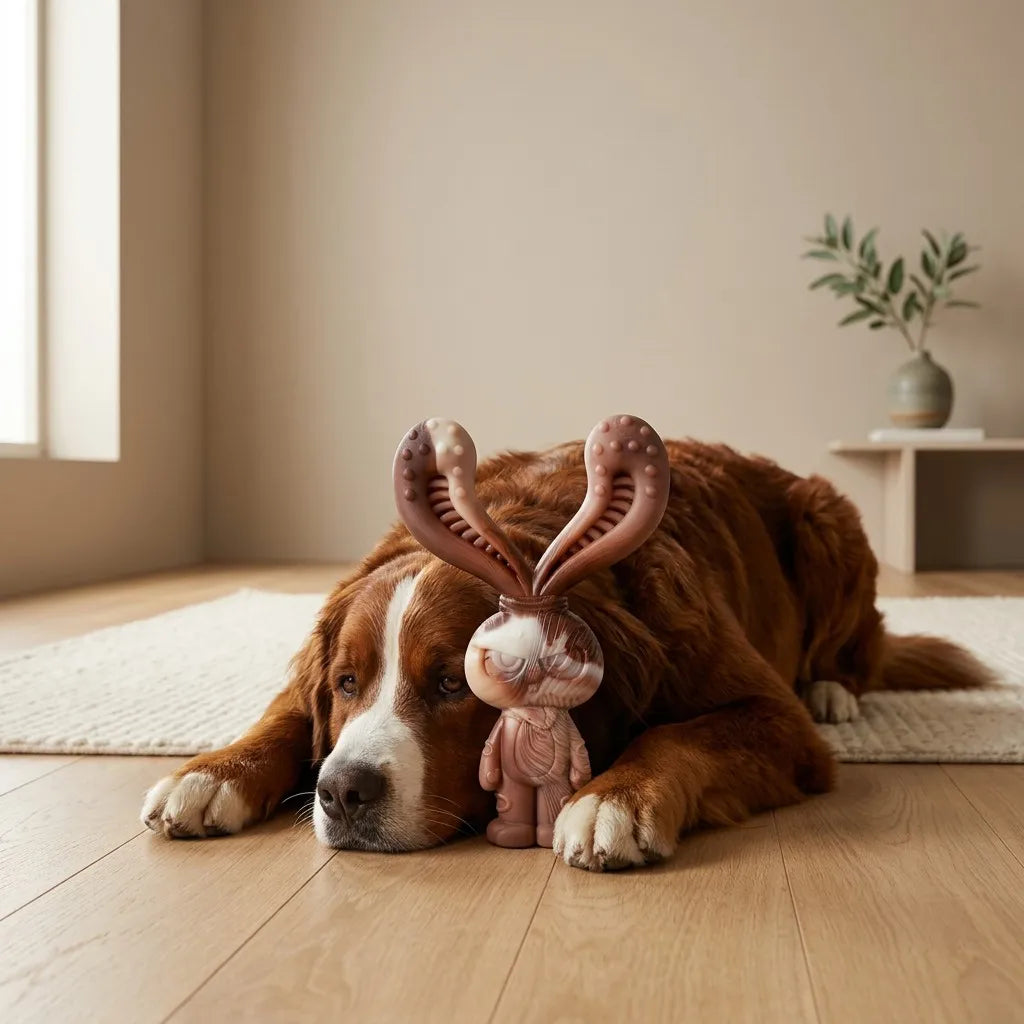 Large dog holding the bunny chew