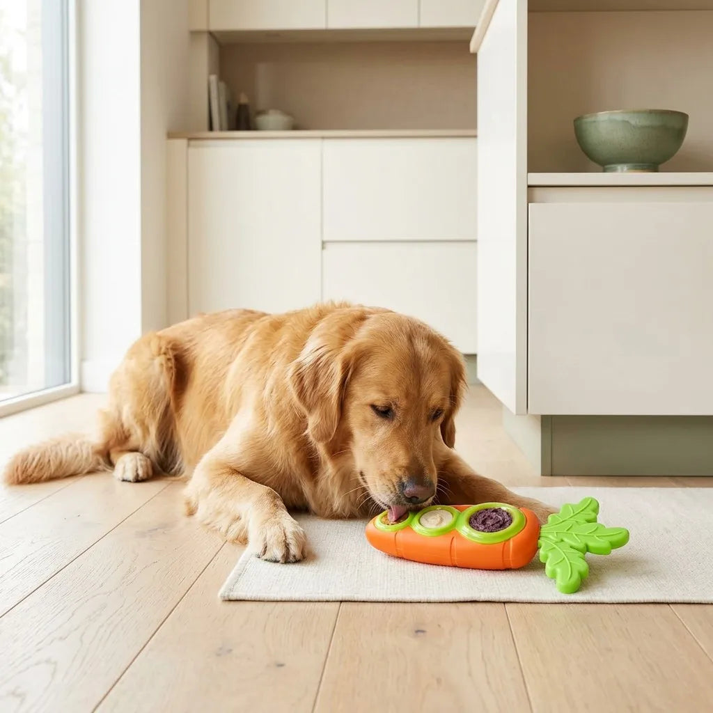 Dog licking the carrot feeder