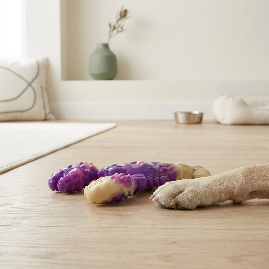 Lobster chew size reference beside a paw