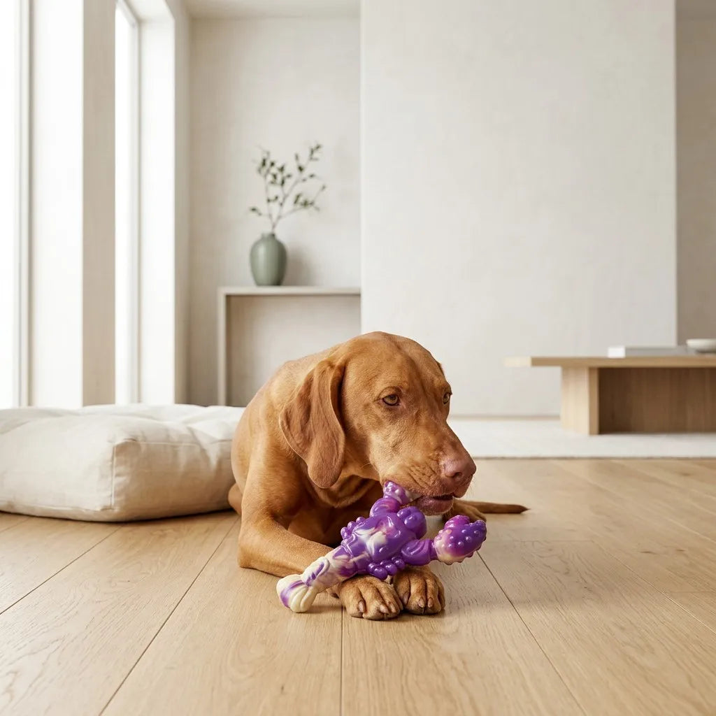 Dog chewing the lobster toy