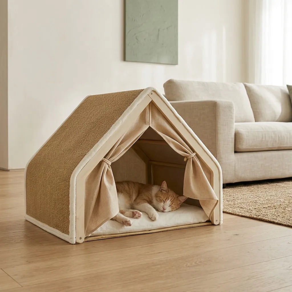 Cat resting inside the tent in a modern room