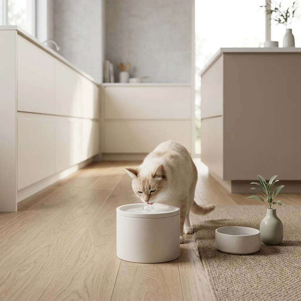 Cat drinking from the fountain in a kitchen