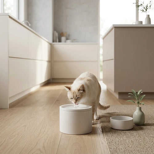 Cat drinking from the fountain in a kitchen